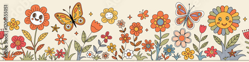 Vector drawing of flowering meadow, spring landscape, multicolor cartoon, children's drawing, seamless border