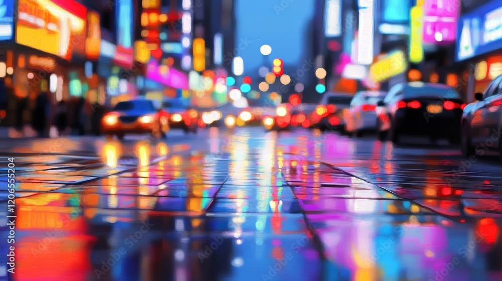 custom made wallpaper toronto digitalA vibrant city street at dusk, illuminated by colorful lights reflecting on wet pavement.