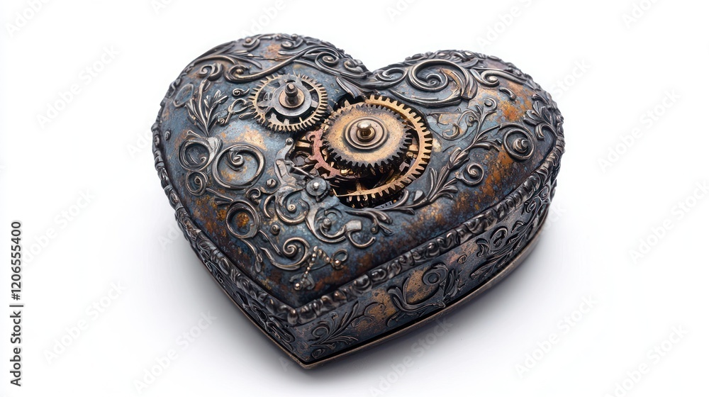 Fototapeta premium Intricate Metal Heart Box with Exposed Gears: A Steampunk Romantic Design