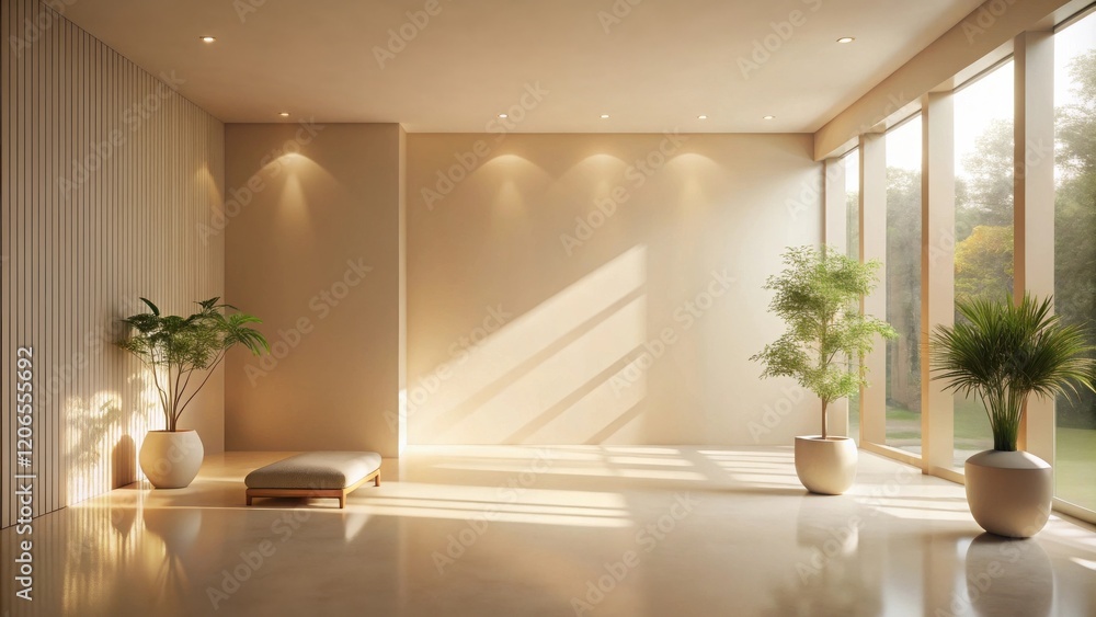 Fototapeta premium Serene Minimalist Interior Design with Sunlight Streaming Through Large Windows and Potted Plants