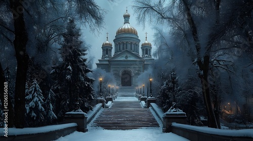 Snow Covered Cathedral Steps Winter Night Scene