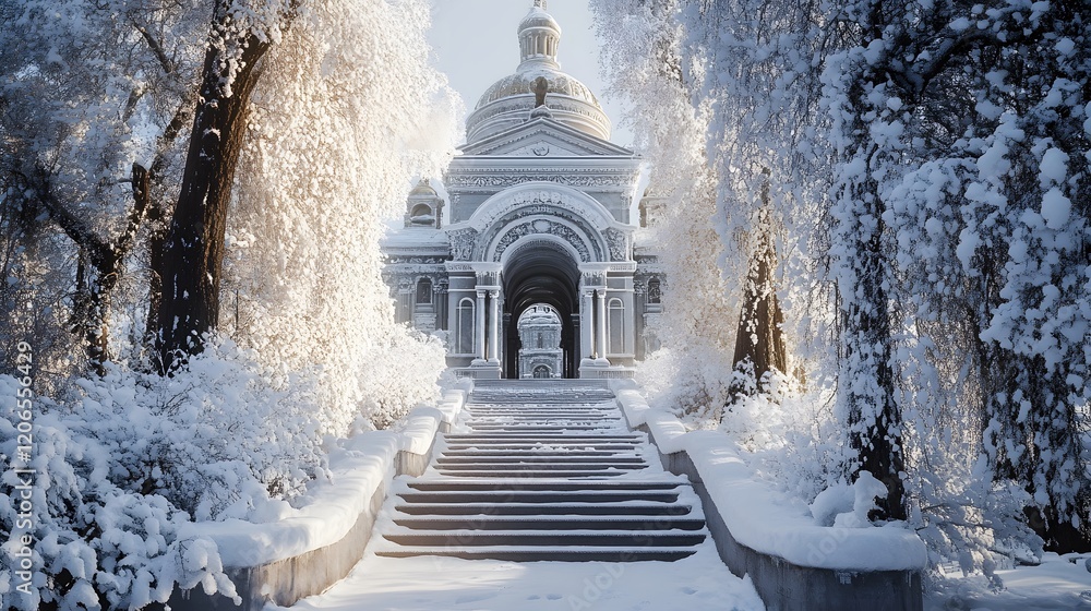 Snow Covered Church Steps Winter Scene Snow Covered Church Steps Winter Scene