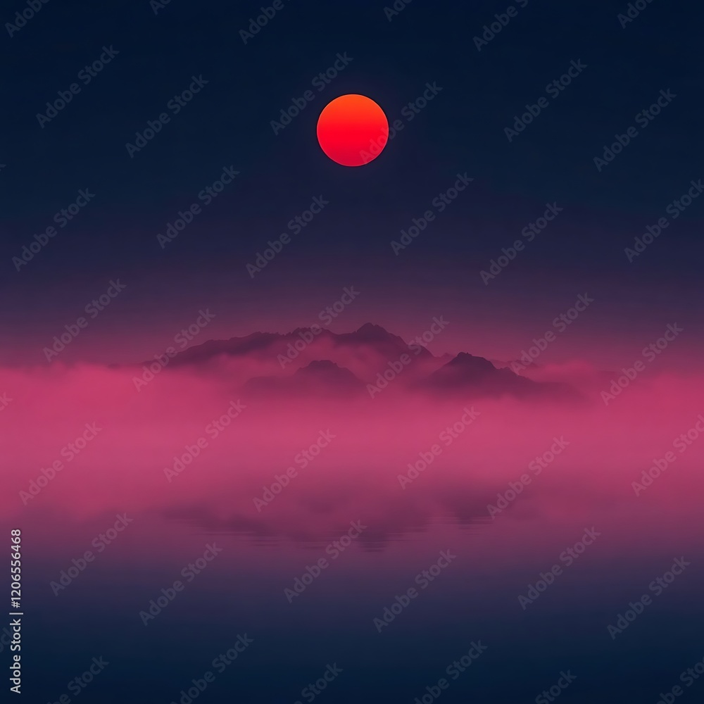 Red sun setting over misty mountains. Red sun setting over misty mountains.