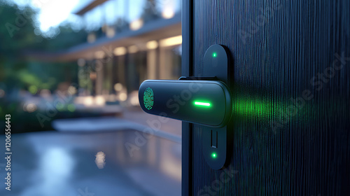 Smart door lock with green light indicating unlocked status on a modern dark wooden door, luxury house in background.
