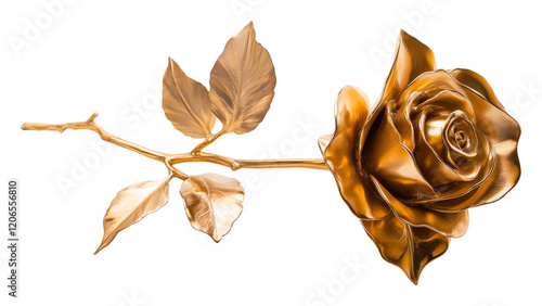 Fototapeta Naklejka Na Ścianę i Meble -  Golden rose with leaves against white background, elegant design concept