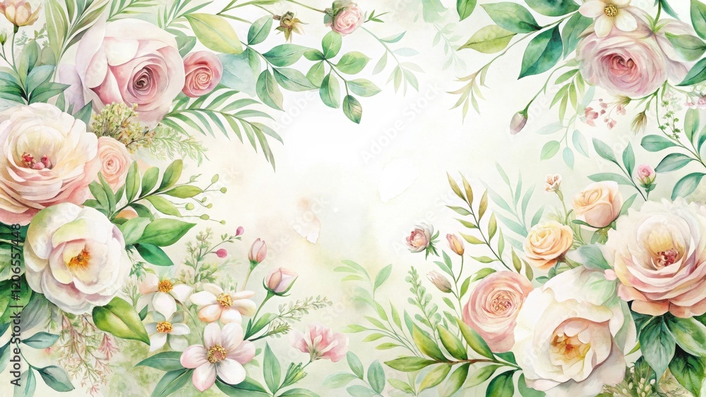 A Delicate Watercolor Painting of Roses and Greenery, Featuring a Soft Color Palette and Intricate Floral Details, Perfect for Wedding Invitations or Romantic Decor A Delicate Watercolor Painting of Roses and Greenery, Featuring a Soft Color Palette and Intricate Floral Details, Perfect for Wedding Invitations or Romantic Decor