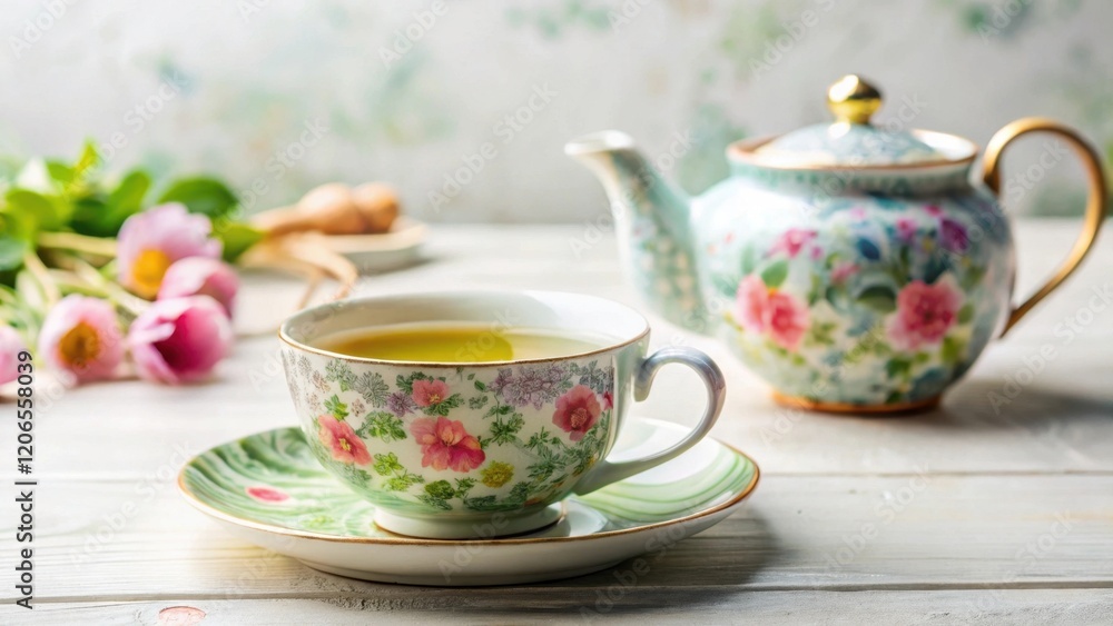 Aromatic Herbal Tea in a Delicate Floral Teacup and Matching Saucer, Served with a matching teapot on a White Wooden Table Aromatic Herbal Tea in a Delicate Floral Teacup and Matching Saucer, Served with a matching teapot on a White Wooden Table
