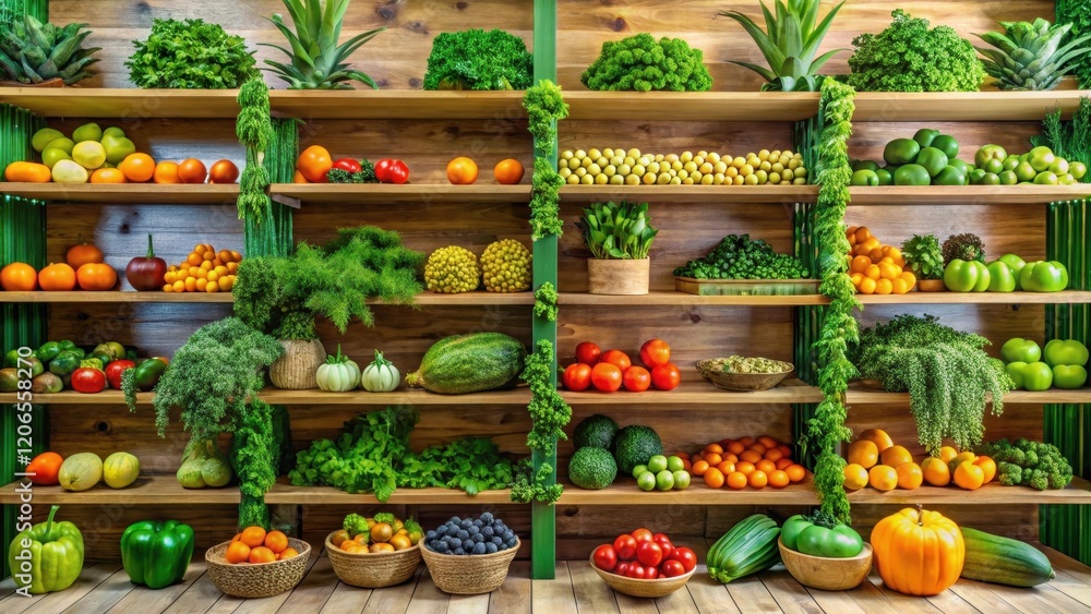 Vibrant and Fresh Produce Display on Wooden Shelving with Lush Greenery Accents Vibrant and Fresh Produce Display on Wooden Shelving with Lush Greenery Accents