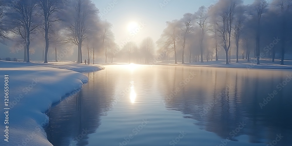 Fototapeta premium Sunlit winter scene with snow, trees, and calm water.