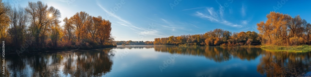 Serene autumn landscape reflecting trees on a calm river under a clear blue sky. Serene autumn landscape reflecting trees on a calm river under a clear blue sky.