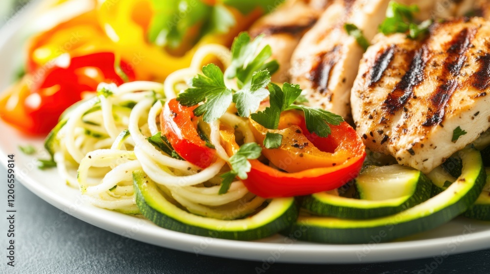 A low-FODMAP diet plate, featuring grilled chicken, zucchini noodles A low-FODMAP diet plate, featuring grilled chicken, zucchini noodles