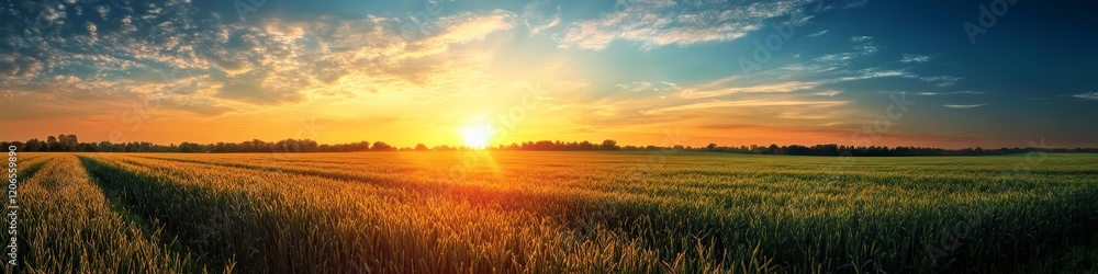 A serene sunrise over a vast green field, highlighting nature's beauty and tranquility. A serene sunrise over a vast green field, highlighting nature's beauty and tranquility.