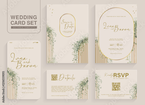 Set of Aesthetic Wedding Invitation Template with Watercolor Greenery Leaves and branch