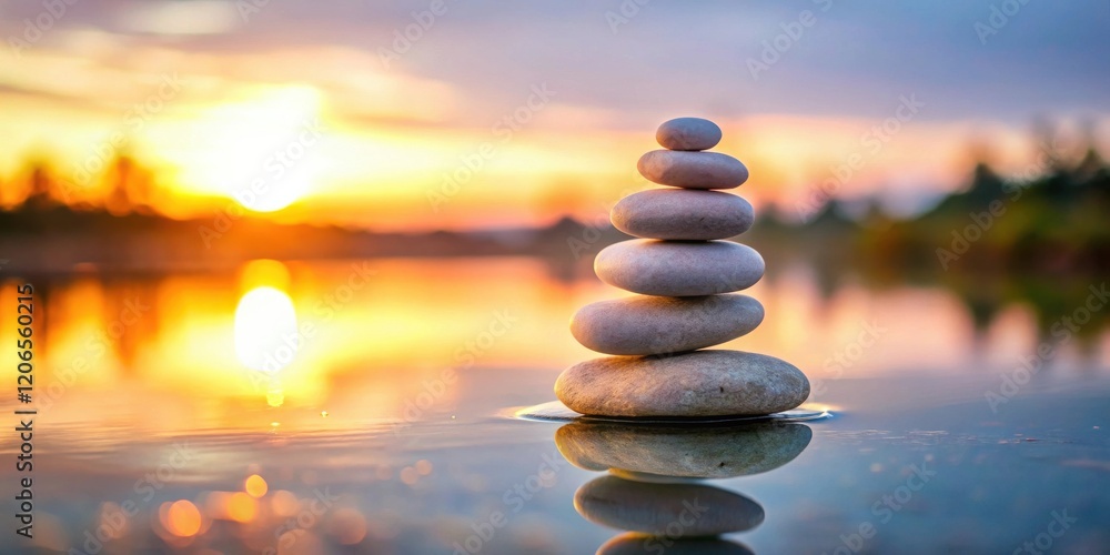 Obraz premium Serene Sunset Reflection Balanced Stones on Still Water at Dawn