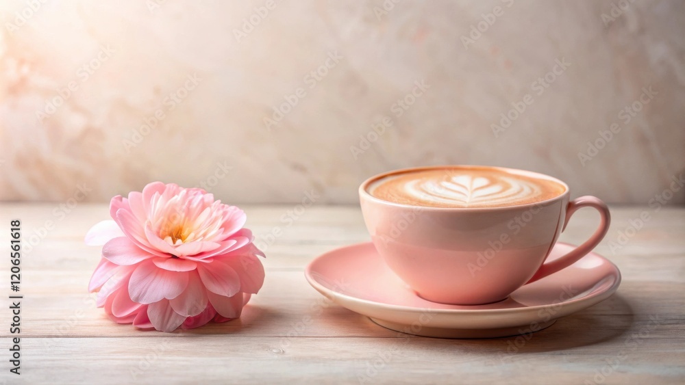 A Pink Cup of Latte Art Coffee with a Delicate Pink Flower on a Wooden Table A Pink Cup of Latte Art Coffee with a Delicate Pink Flower on a Wooden Table