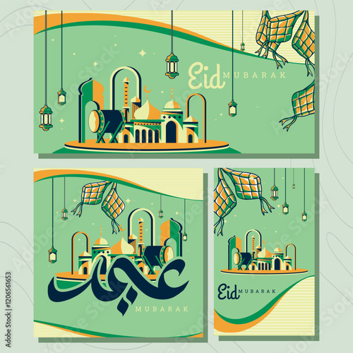 A stylized illustration depicting Eid Mubarak with a mosque, lanterns, and ketupat, conveying festive celebration.