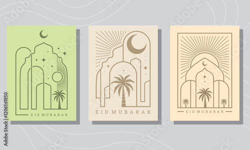 Three minimalist Eid Mubarak greeting card designs depict stylized mosques, palm trees, and celestial elements.