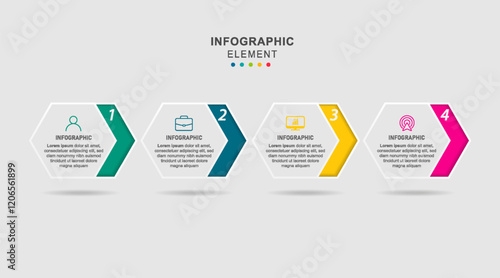 Infographic arrow concept business model with 4 successive steps. Colorful graphic elements. Timeline design for brochure, presentation.