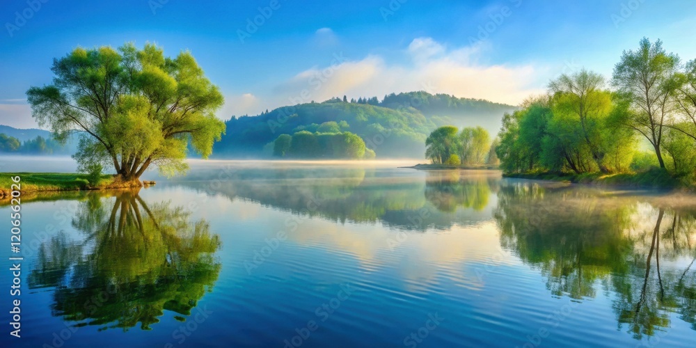 Obraz premium Serene morning mist over a tranquil lake, reflecting lush greenery and vibrant trees, creating a picturesque landscape of breathtaking beauty.