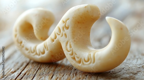 Intricately Carved Bone or Ivory Object with Swirling Double Hook Design on Rustic Wooden Surface photo