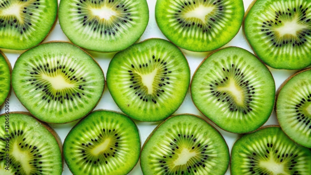 Vibrant Slices of Fresh Kiwi Fruit Arranged in a Close-Up Pattern for a Refreshing Visual Display Vibrant Slices of Fresh Kiwi Fruit Arranged in a Close-Up Pattern for a Refreshing Visual Display