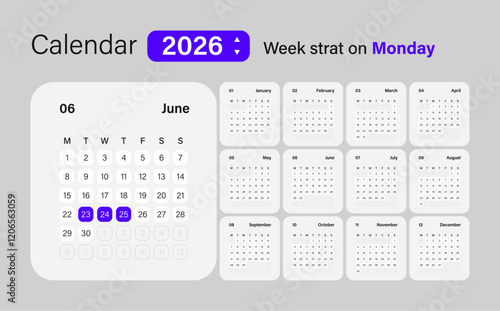 Calendar 2026 application style and the week starts on Sunday
