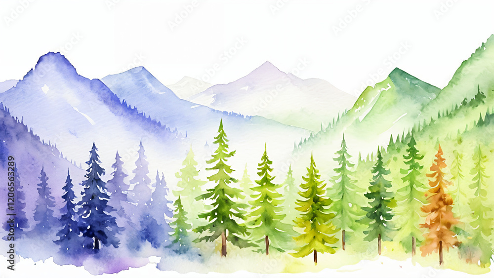 Obraz premium watercolor forest landscape with pine trees and mountains