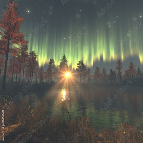 Wallpaper Mural Serene Lakeside Twilight: Tranquil Scene with Sunlit Foliage and Enchanting Aurora Display Torontodigital.ca