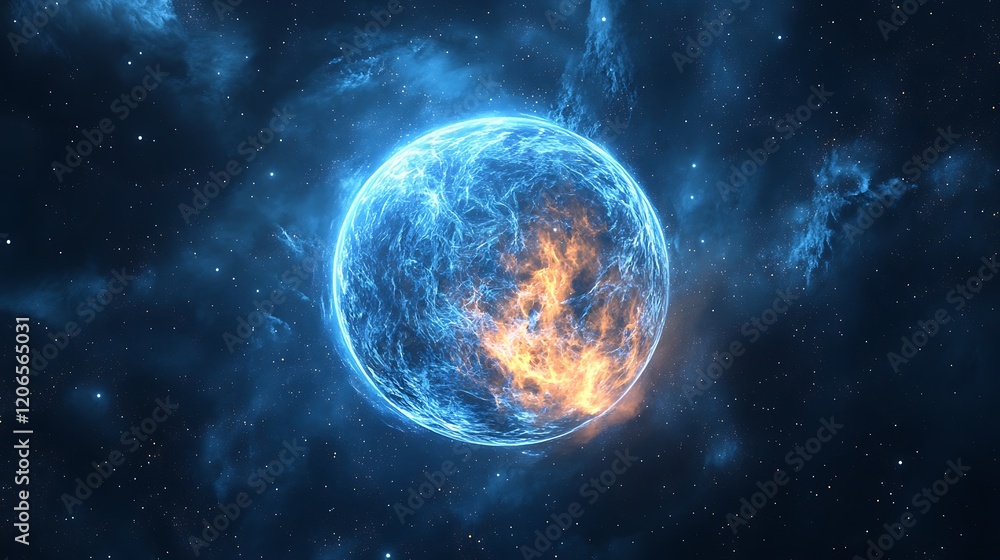 A glowing celestial body surrounded by cosmic energy and flames. A glowing celestial body surrounded by cosmic energy and flames.