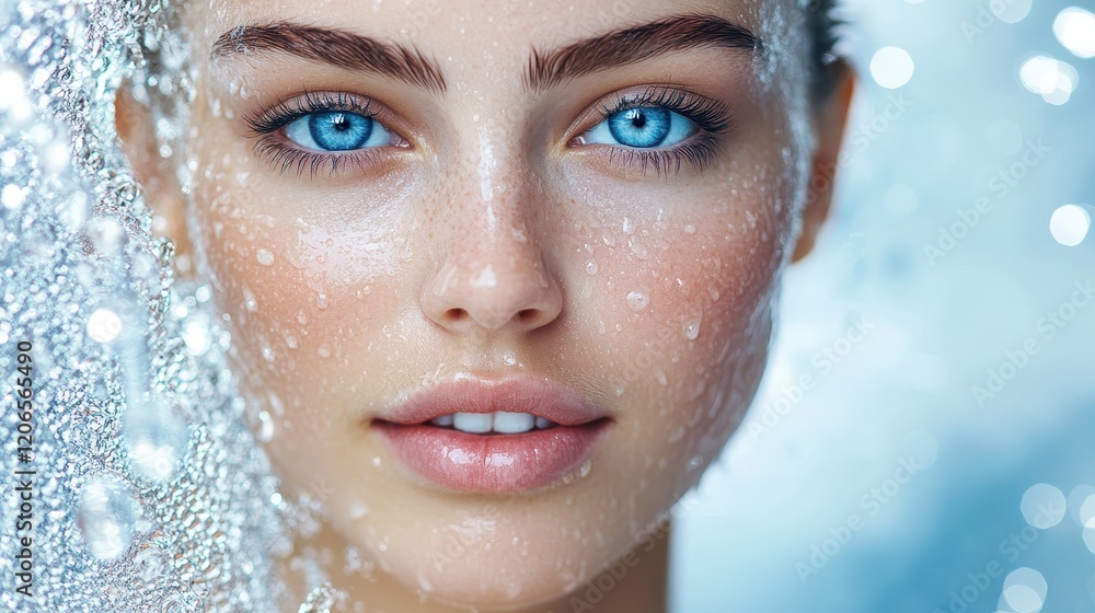 Close-up of a woman's face, water droplets on skin. Ideal for beauty, skincare, or hydration advertising. Close-up of a woman's face, water droplets on skin. Ideal for beauty, skincare, or hydration advertising.