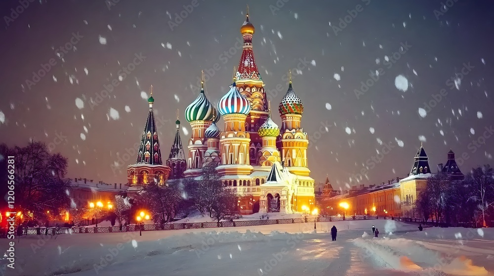 Fototapeta premium Saint Basils Cathedral Snowfall Winter Night Moscow