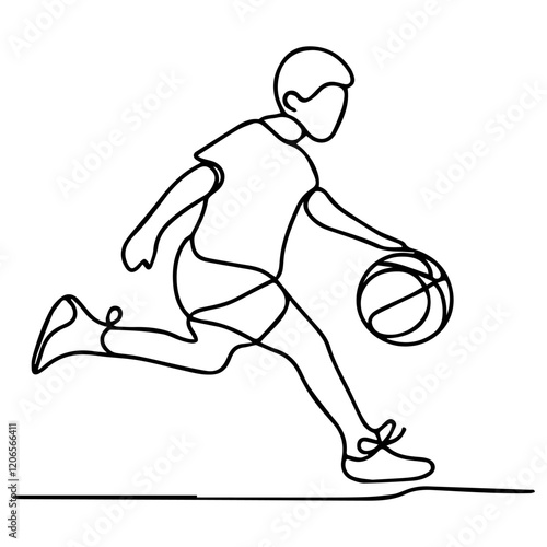 Line drawing of basketball player dribbling on white background