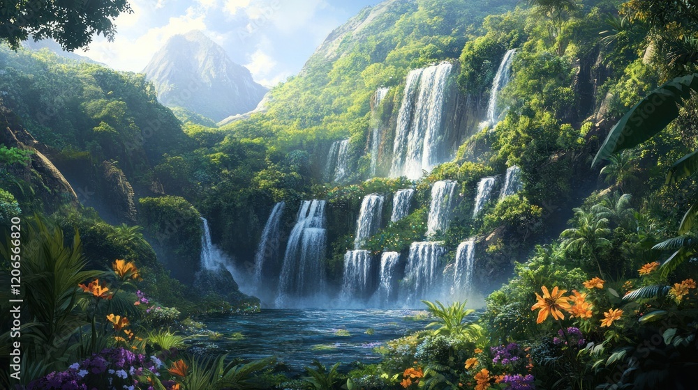 Fototapeta premium Serene Tropical Waterfall Paradise: Lush Greenery, Cascading Waters, Tranquil Pool