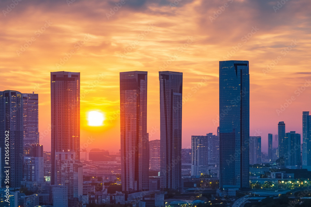 Fototapeta premium Panoramic skyline and modern commercial buildings with sunset views