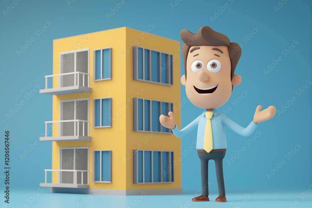 Architect Presenting Model of A Building. 3D cartoon character illustration, high definition, blue background Architect Presenting Model of A Building. 3D cartoon character illustration, high definition, blue background