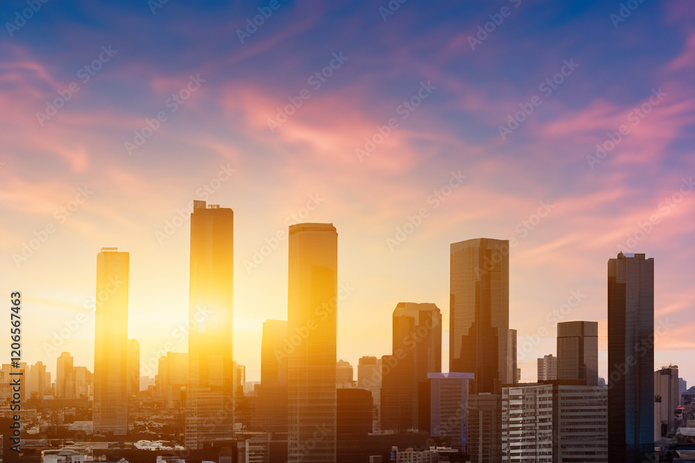 Panoramic skyline and modern commercial buildings with sunset views Panoramic skyline and modern commercial buildings with sunset views