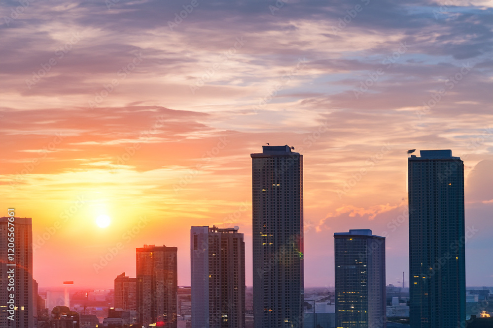Panoramic skyline and modern commercial buildings with sunset views Panoramic skyline and modern commercial buildings with sunset views