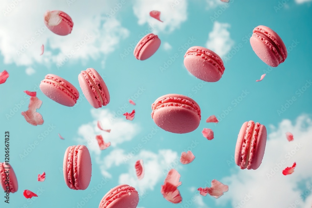 Fototapeta premium Pink Macarons Falling Through a Sky of Clouds