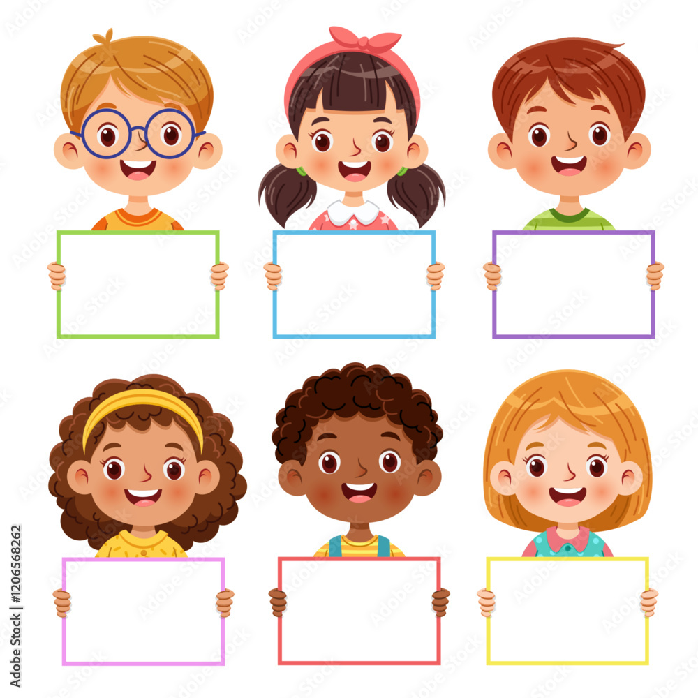 Cartoon collection of cheerful children holding blank signs Cartoon collection of cheerful children holding blank signs