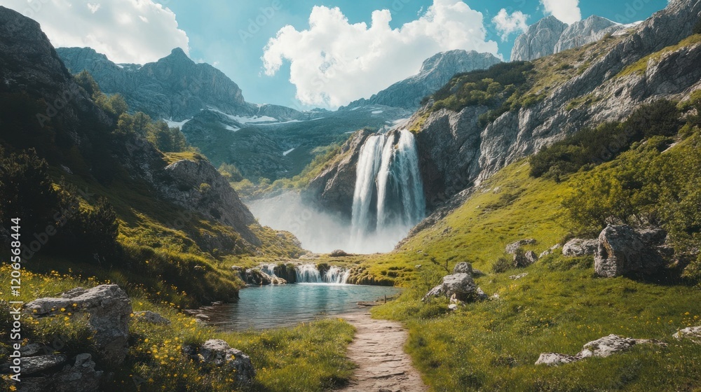 Majestic Waterfall in a Mountain Valley Majestic Waterfall in a Mountain Valley