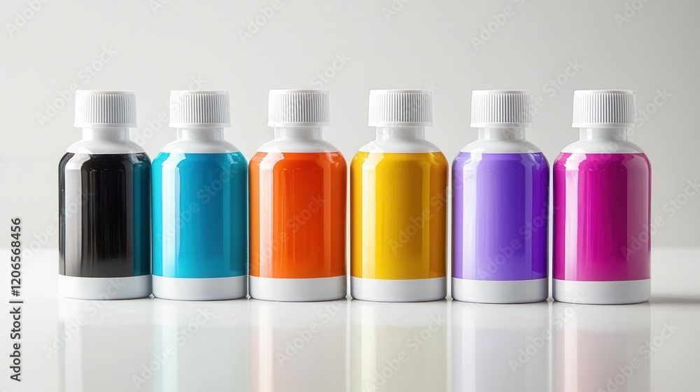 Assorted CMYK Ink Bottles Displayed on Clean Surface Assorted CMYK Ink Bottles Displayed on Clean Surface