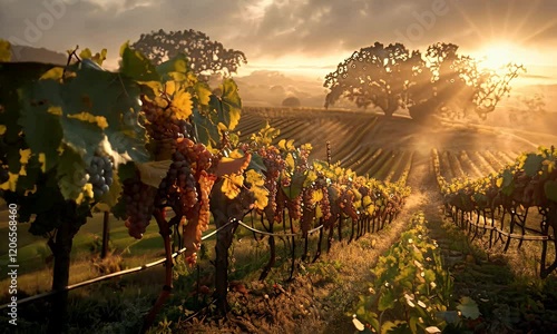 A serene vineyard at sunset, showcasing ripe grapes and lush greenery under a golden sky.