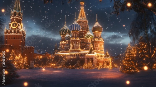 Illuminated Saint Basils Cathedral during a snowy winter night