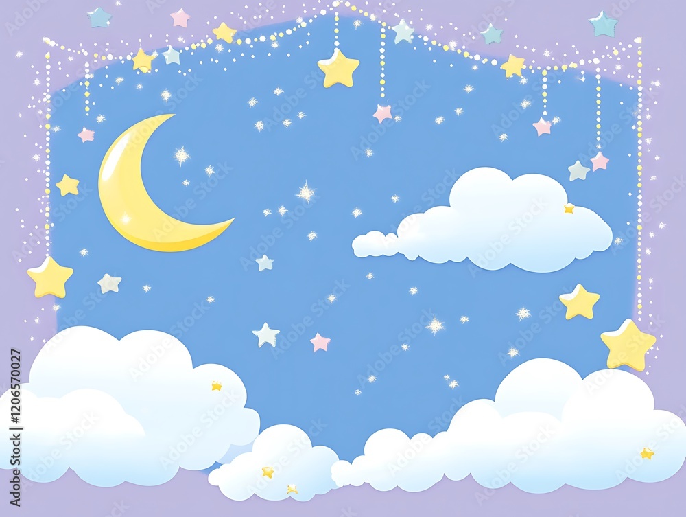 Fototapeta premium A whimsical night sky scene with crescent moon stars and clouds