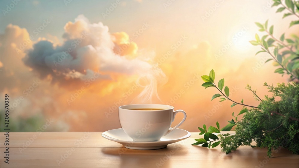 Serene Morning A Warm Cup of Coffee with Steam Rising Against a Softly Lit Sky, Greenery Framing the Peaceful Scene on a Wooden Table Serene Morning A Warm Cup of Coffee with Steam Rising Against a Softly Lit Sky, Greenery Framing the Peaceful Scene on a Wooden Table