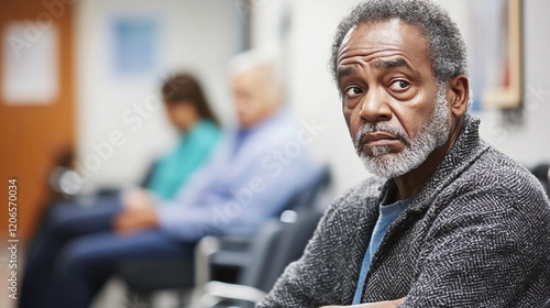 an elderly black man in a medical waiting room looking concerned or anxious, suggesting the stress of being uninsured, insurance concept
