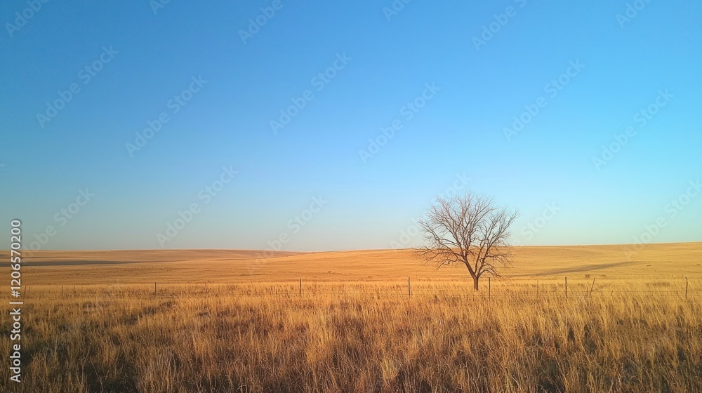 Lone tree in vast, golden prairie under a clear blue sky. Lone tree in vast, golden prairie under a clear blue sky.