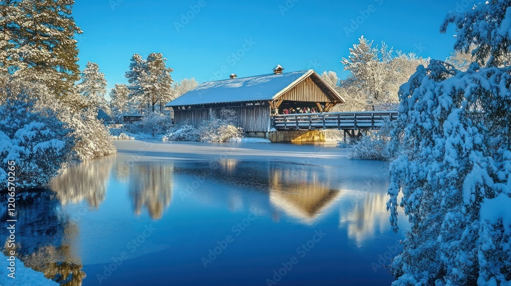 Fototapeta premium Snowy Covered Bridge and Lake
