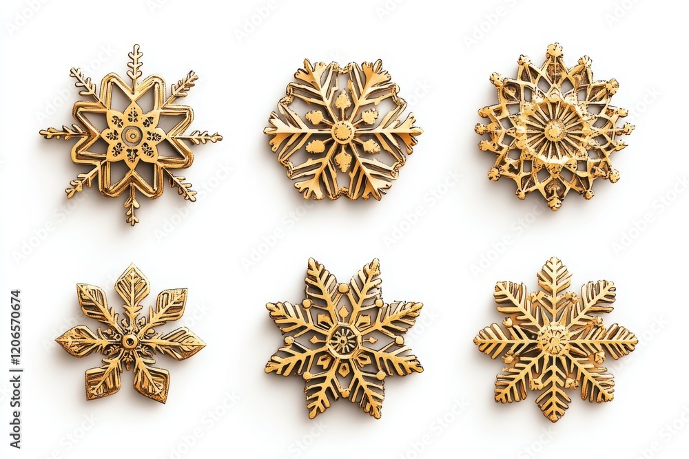 6 golden snowflakes, each with a unique design and shape, isolated on a white background. 6 golden snowflakes, each with a unique design and shape, isolated on a white background.