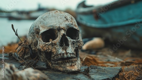 Human skull on the beach with a boat in the background photo